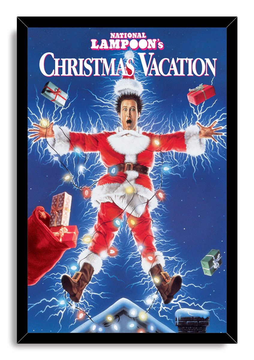 National Lampoon's Christmas Vacation framed wall art print portrays a shocked Santa-suited man amid glowing lights, gifts, and blue lightning.