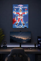 National Lampoon's Christmas Vacation in a gaming desk setup above a monitor.