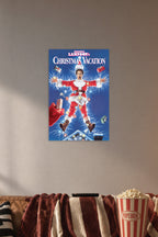 National Lampoon's Christmas Vacation in a cozy movie room above a brown sofa with popcorn.
