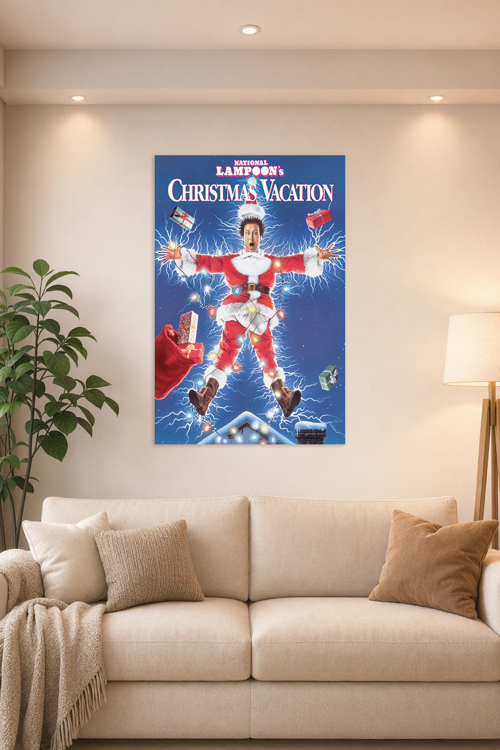 National Lampoon's Christmas Vacation in a bright living room above a beige sofa.