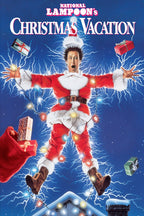 National Lampoon's Christmas Vacation poster features a startled man in a Santa suit tangled in lights amid blue lightning and gifts.