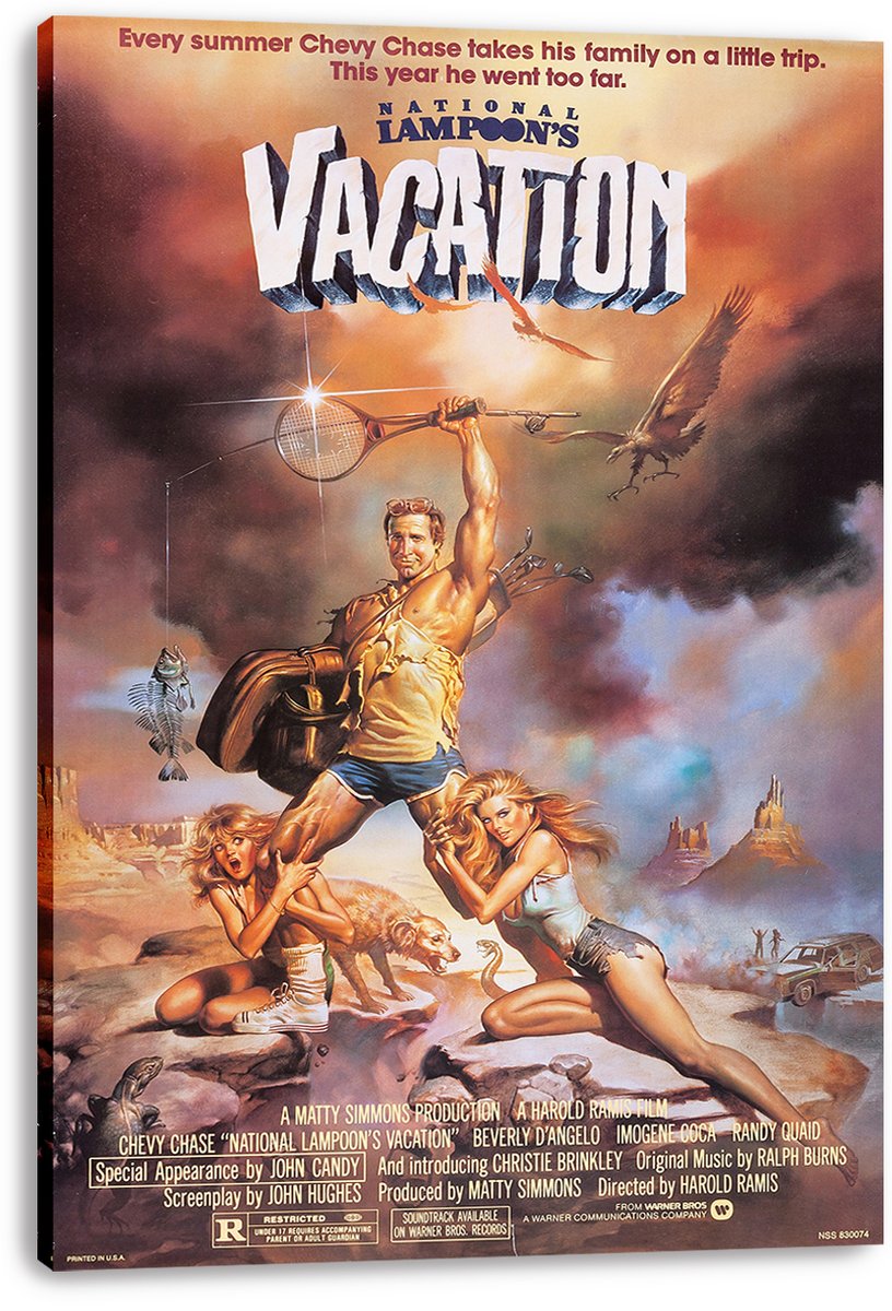 National Lampoon's Vacation wall art print on stretched canvas depicts an adventurer with a fishing rod, women, animals, and a car.