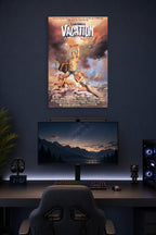 National Lampoon's Vacation Movie Poster in a gaming desk setup above a monitor.