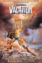 National Lampoon's Vacation poster depicts a man raising a fishing rod as two women cling to him in a stormy desert scene.