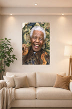 Nelson Mandela in a bright living room above a beige sofa.