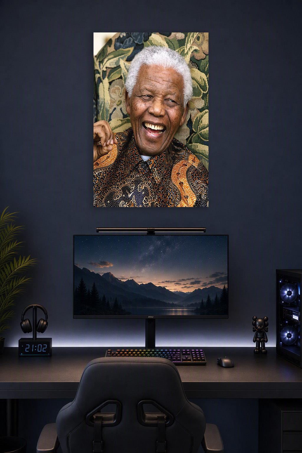 Nelson Mandela in a gaming desk setup above a monitor.