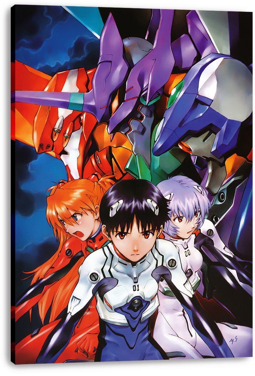 Neon Genesis Evangelion canvas wall art print featuring three suited pilots beneath vivid purple, red, and blue mechs.