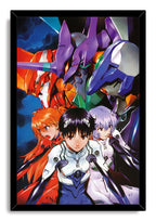 Neon Genesis Evangelion framed wall art print of Shinji, Asuka, and Rei posed below colorful Evangelion units.