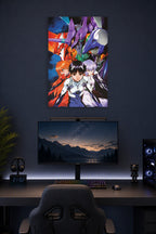 Neon Genesis Evangelion Characters and Mechs in a gaming desk setup above a monitor.