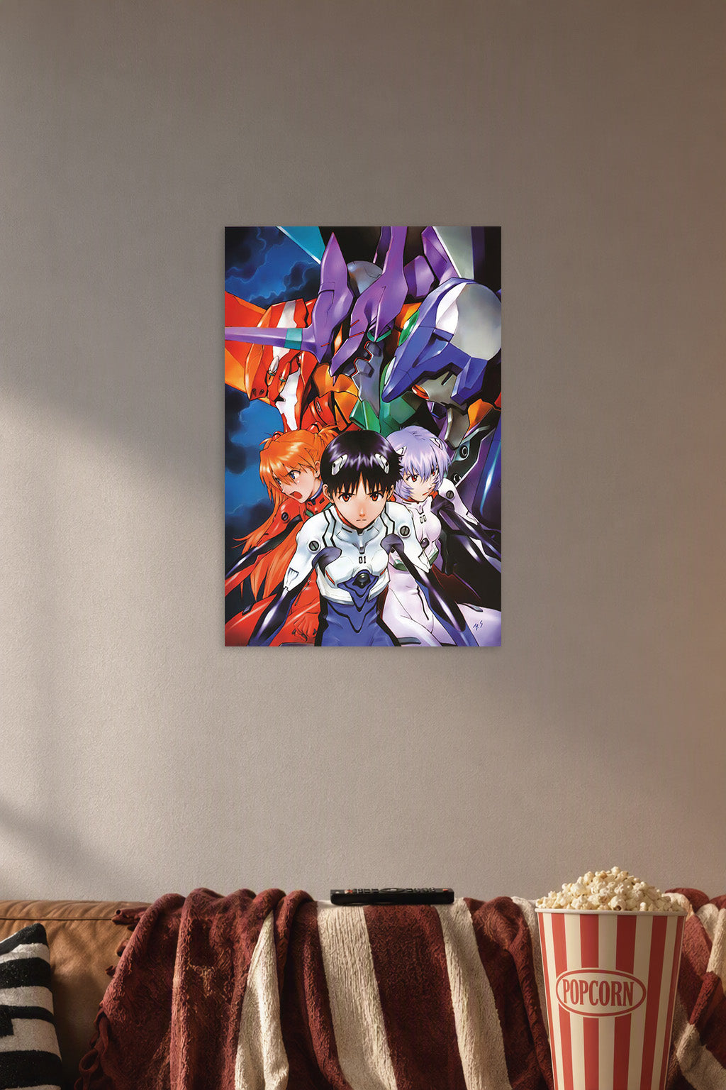 Neon Genesis Evangelion Characters and Mechs in a cozy movie room above a brown sofa with popcorn.