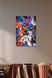 Neon Genesis Evangelion Characters and Mechs in a cozy movie room above a brown sofa with popcorn.
