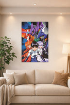 Neon Genesis Evangelion Characters and Mechs in a bright living room above a beige sofa.
