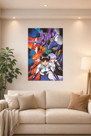 Neon Genesis Evangelion Characters and Mechs in a bright living room above a beige sofa.