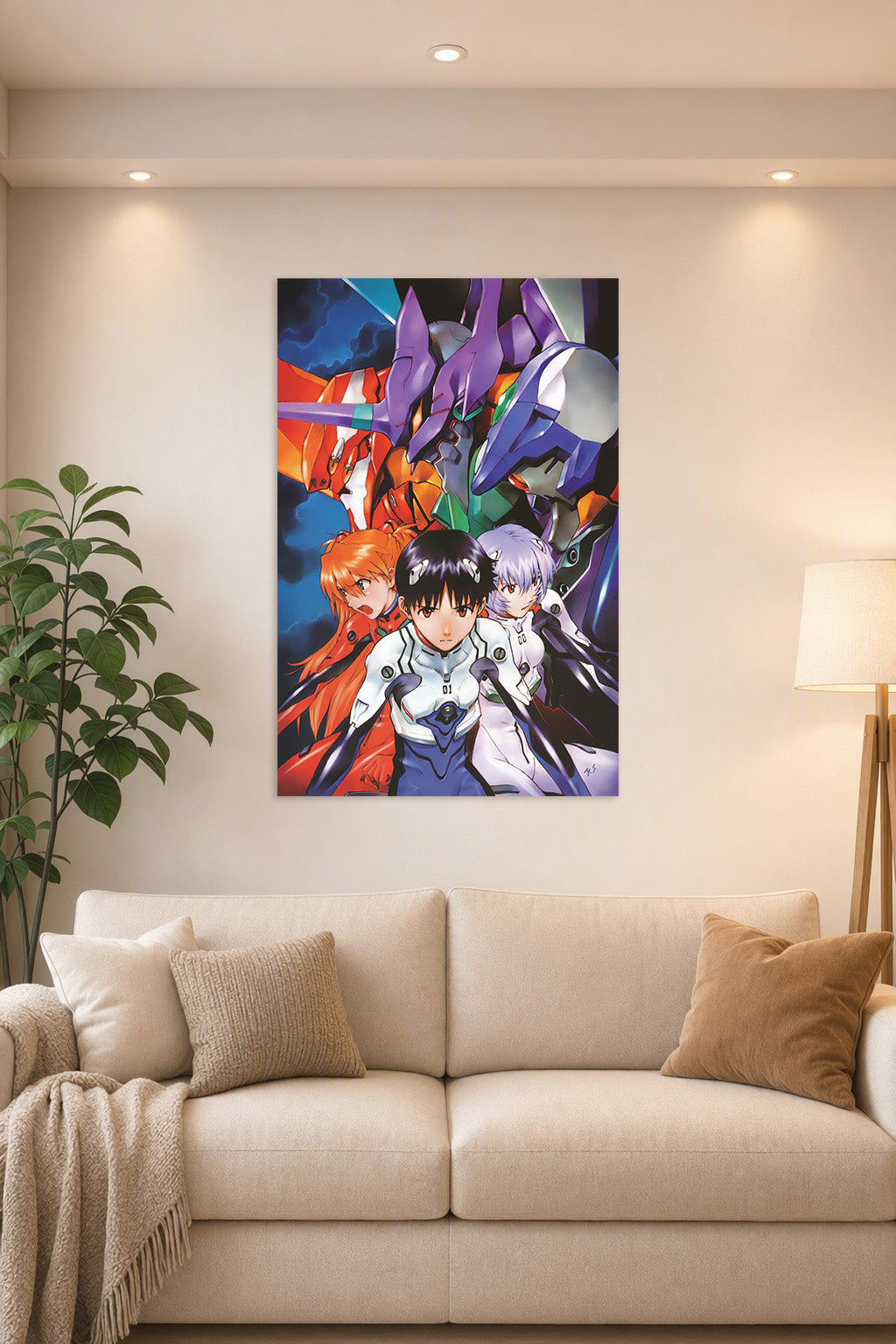 Neon Genesis Evangelion Characters and Mechs in a bright living room above a beige sofa.