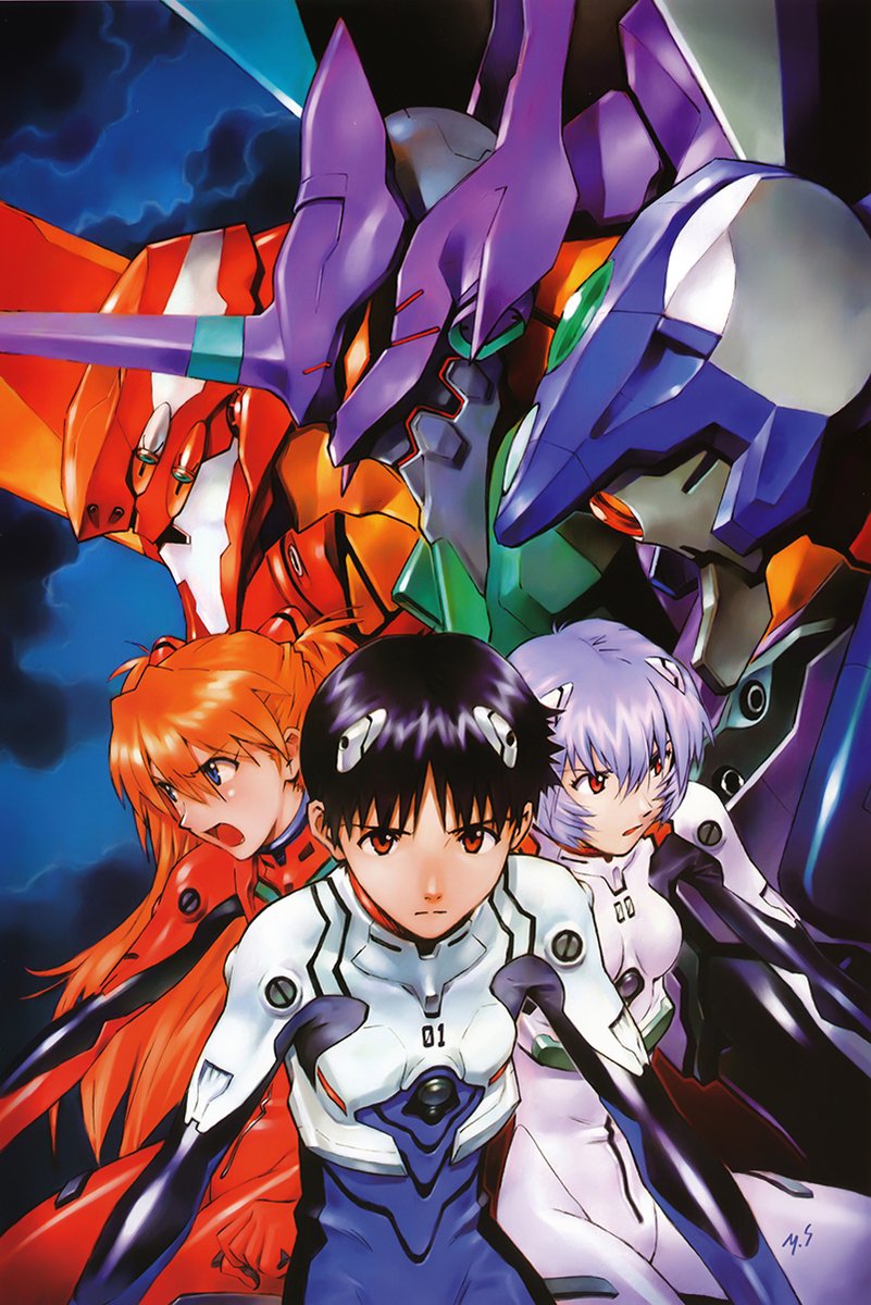 Neon Genesis Evangelion wall art print with Shinji, Asuka, and Rei before purple, red, and blue mechs.