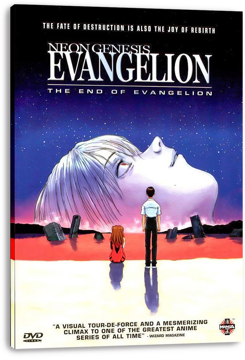 Neon Genesis Evangelion canvas wall art print features Shinji and Asuka before Rei's colossal face over a crimson sea.