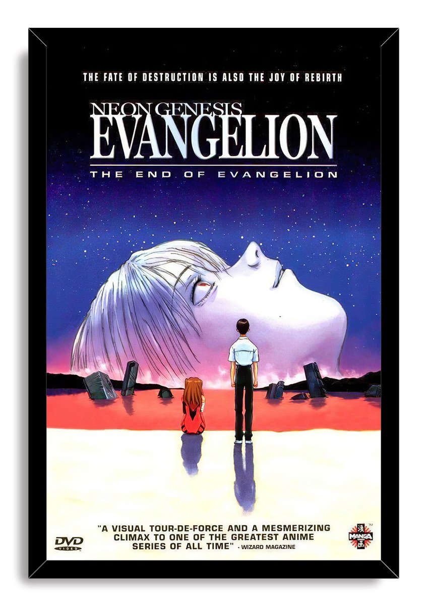 Neon Genesis Evangelion framed wall art print shows Shinji and Asuka facing a giant Rei beneath a starry blue sky.