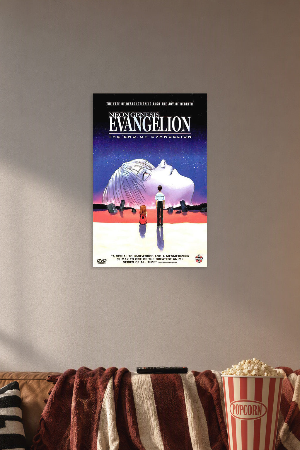 Neon Genesis Evangelion The End of Evangelion in a cozy movie room above a brown sofa with popcorn.