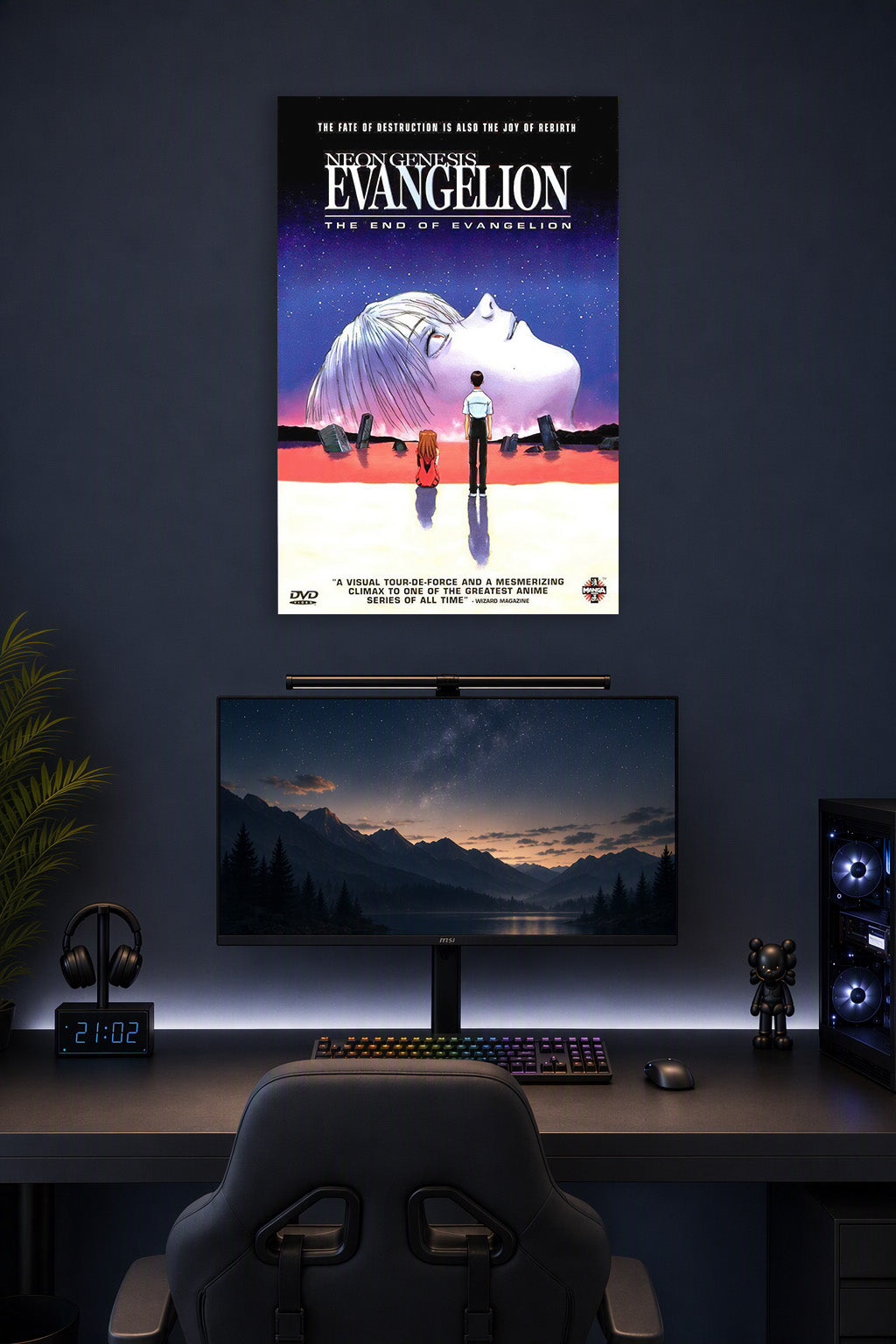 Neon Genesis Evangelion The End of Evangelion in a gaming desk setup above a monitor.