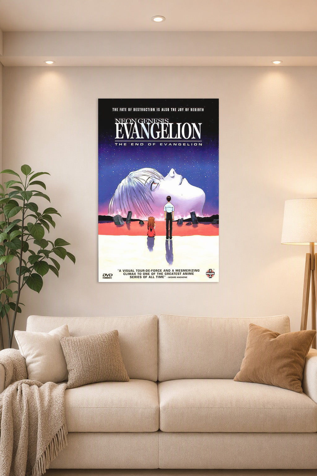 Neon Genesis Evangelion The End of Evangelion in a bright living room above a beige sofa.