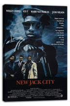New Jack City canvas wall art print featuring a blue smoky portrait in sunglasses, armed silhouette, and three figures at the bottom.