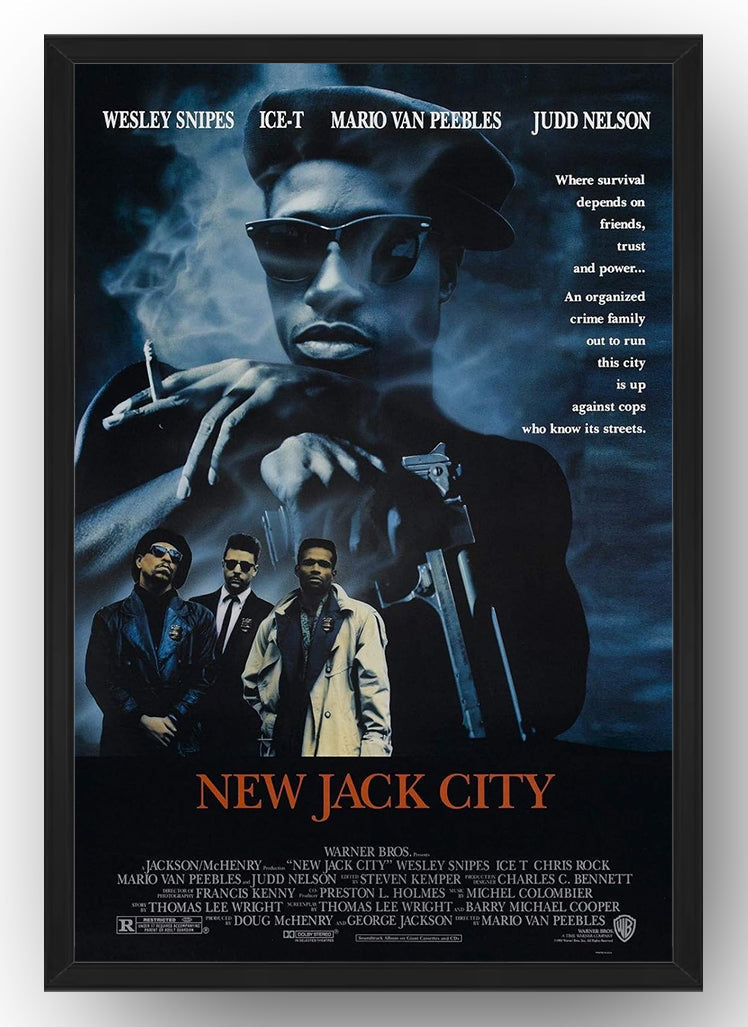 New Jack City framed wall art print with a dark blue crime-drama collage, sunglasses portrait, three men, and orange title.