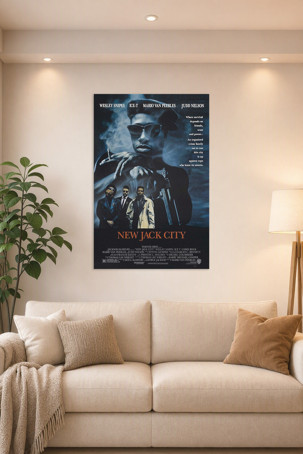 New Jack City 1991 Movie Poster in a bright living room above a beige sofa.