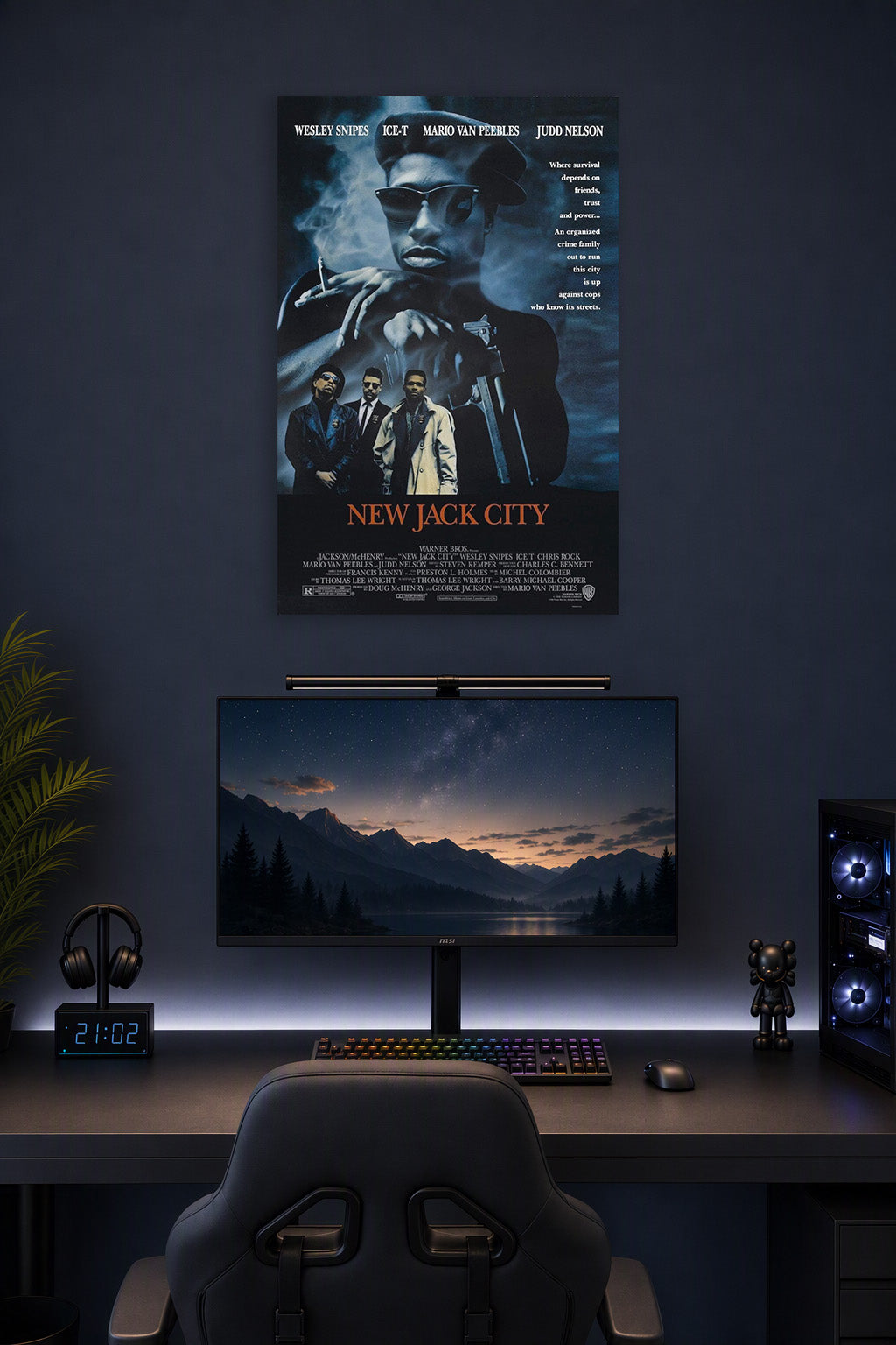 New Jack City 1991 Movie Poster in a gaming desk setup above a monitor.