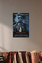 New Jack City 1991 Movie Poster in a cozy movie room above a brown sofa with popcorn.