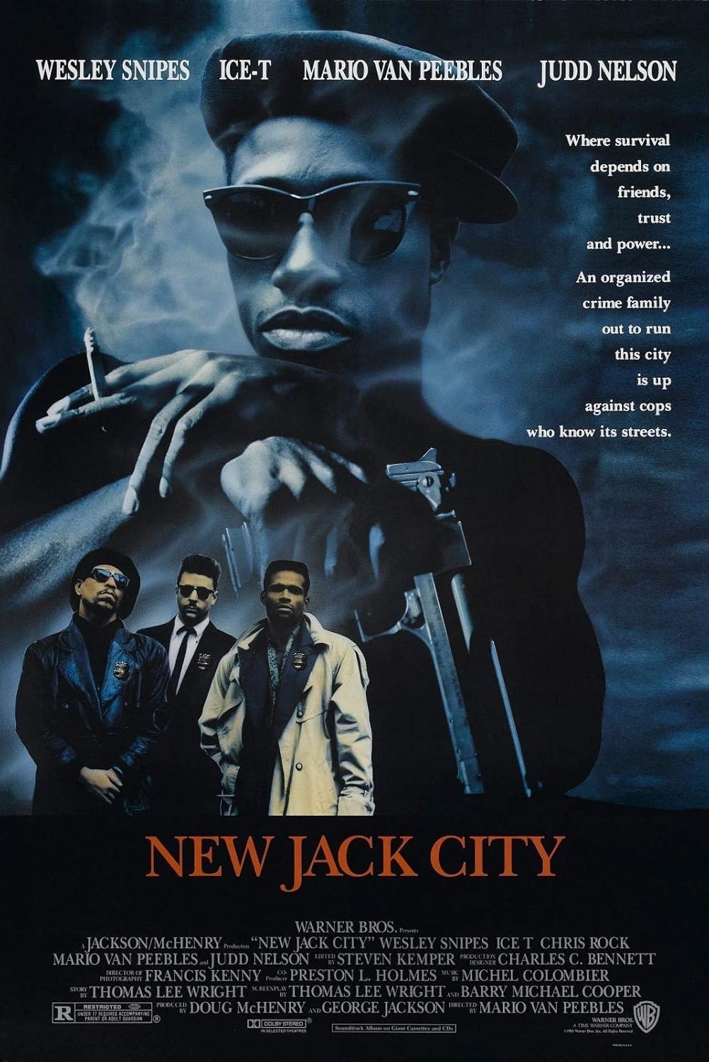 New Jack City movie poster with a blue-toned man in sunglasses holding a cigarette, three men below, and orange title text.