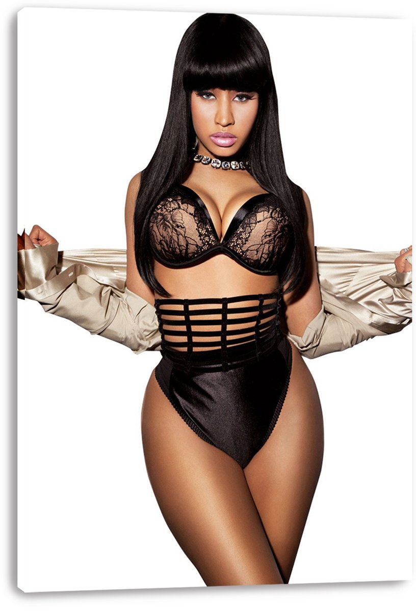 Nicki Minaj canvas wall art print presents a portrait in black lingerie and metallic sleeves against a clean white background.