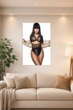 Nicki Minaj in a bright living room above a beige sofa.