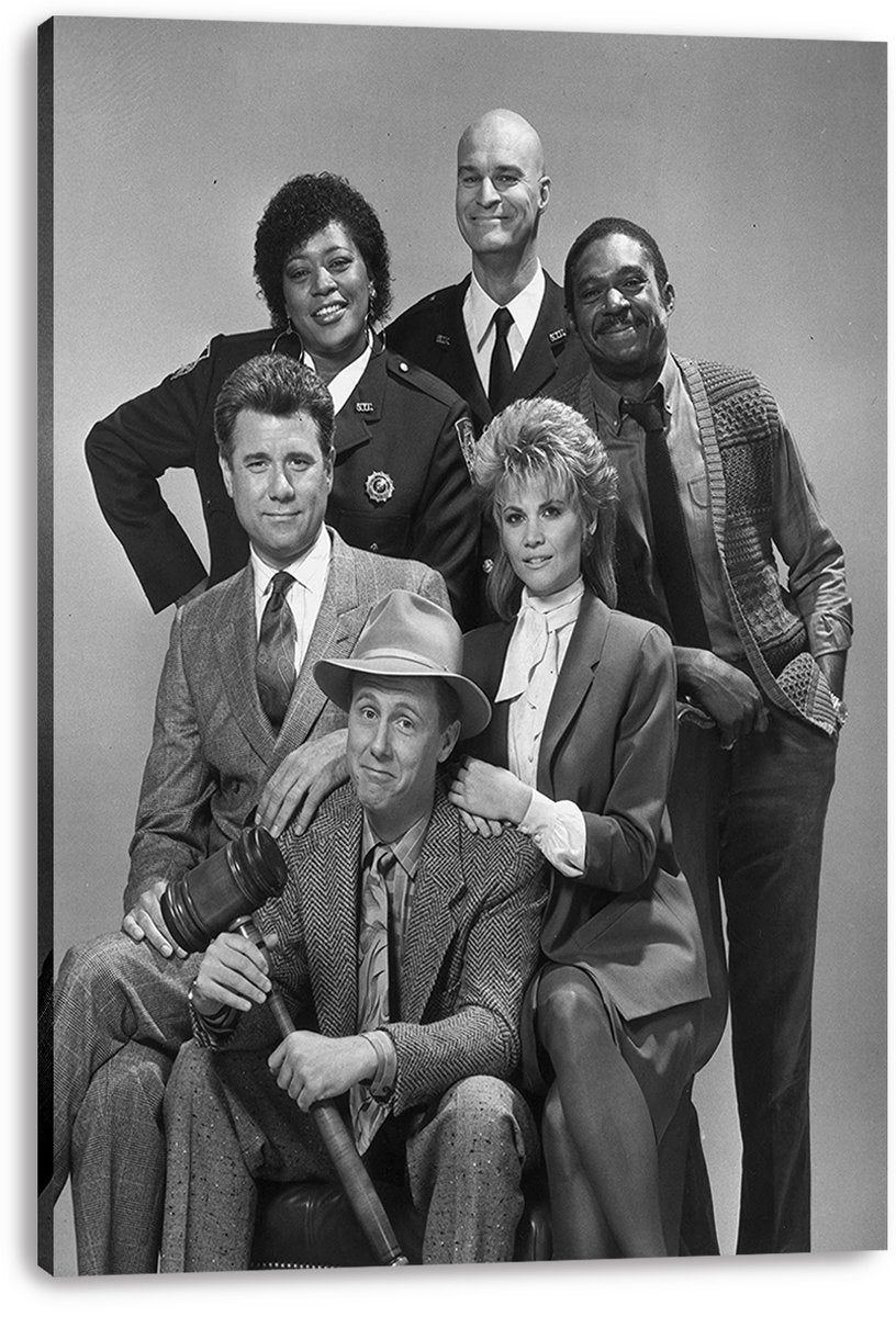 Night Court canvas wall art print presents a monochrome ensemble portrait of six cast members, including a seated man in a hat holding a gavel.
