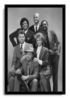 Night Court framed wall art print displays a black-and-white group portrait of six cast members, set within a sleek black mitered frame.