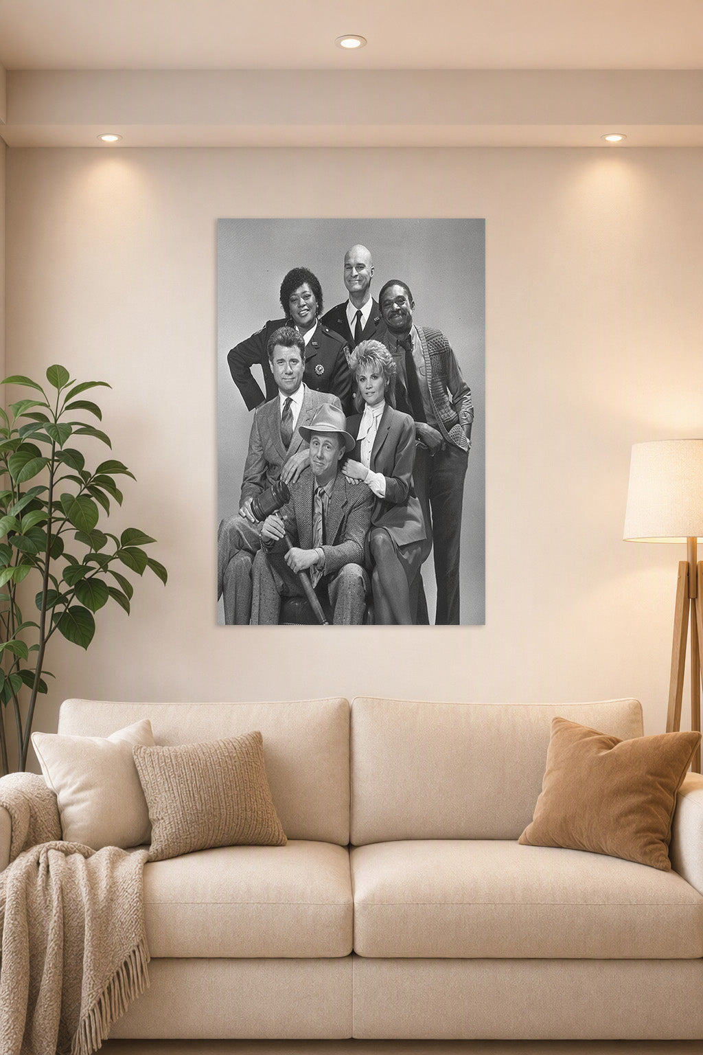 Night Court TV Show Cast in a bright living room above a beige sofa.