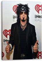 Nikki Sixx canvas wall art print displays the musician in black clothing, sunglasses, and bandana with both thumbs raised.