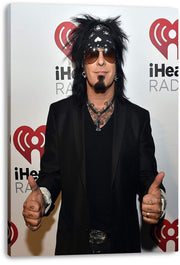 Nikki Sixx canvas wall art print displays the musician in black clothing, sunglasses, and bandana with both thumbs raised.