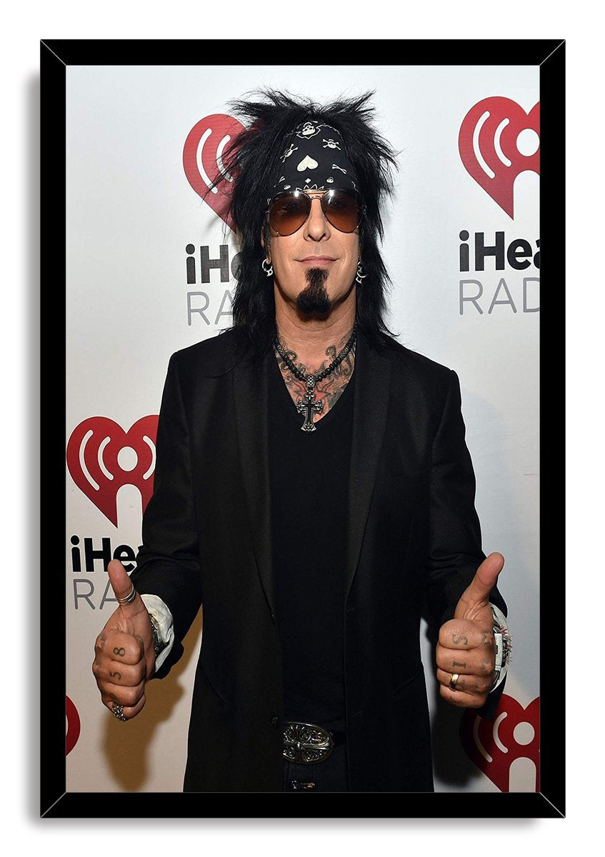 Nikki Sixx framed wall art print portrays the musician wearing a black bandana and sunglasses against a white iHeartRadio backdrop.