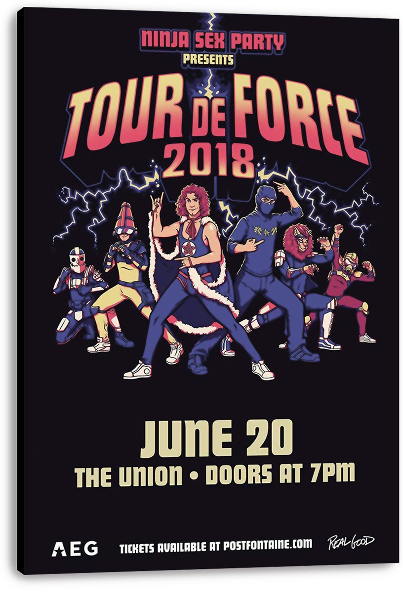 Ninja Sex Party Tour de Force 2018 canvas wall art featuring six comic-book heroes beneath bold pink and yellow lettering.