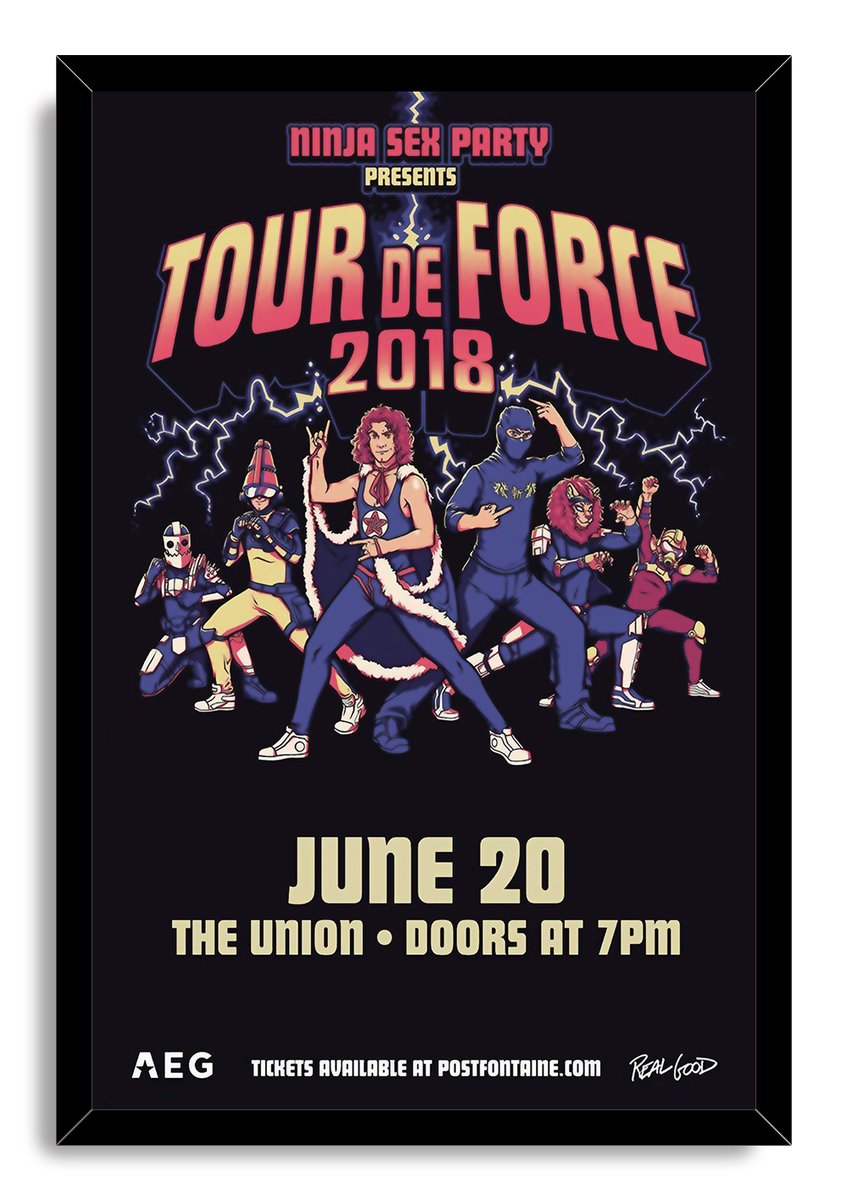 Ninja Sex Party Tour de Force 2018 framed wall art print with costumed performers, electric lightning, and June 20 details.