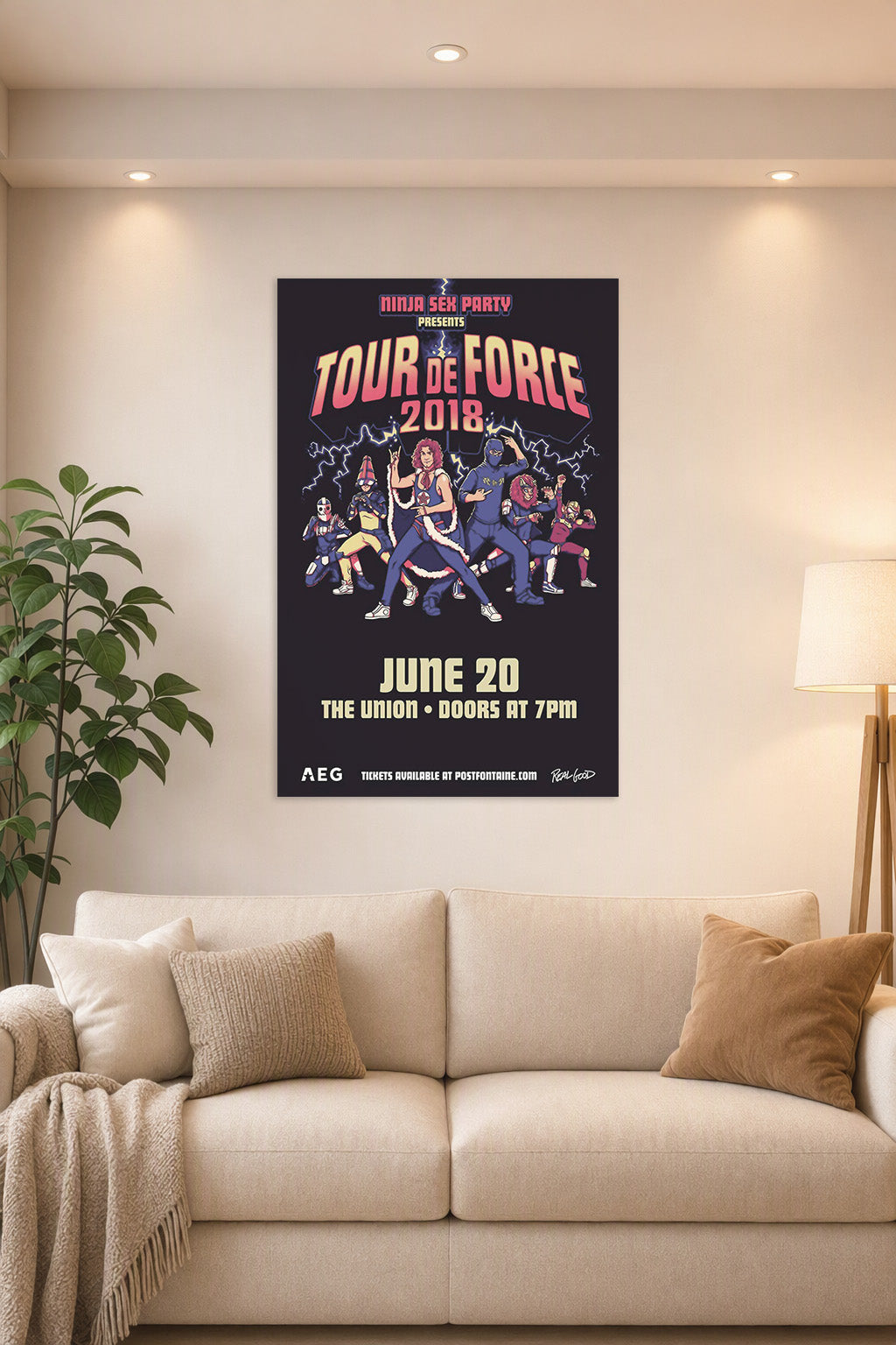 Ninja Sex Party Tour de Force 2018 Concert in a bright living room above a beige sofa.