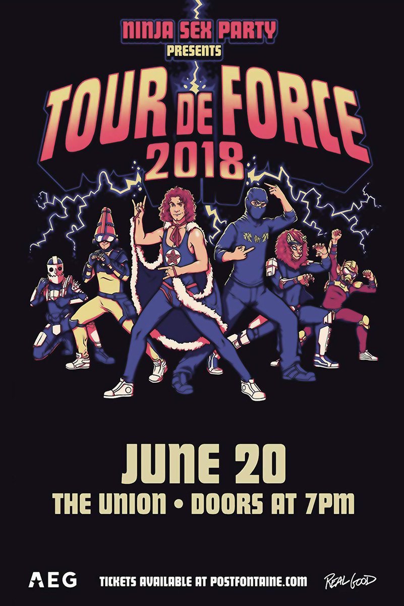 Ninja Sex Party Tour de Force 2018 concert poster with comic-style costumed heroes, lightning, and June 20 venue text.
