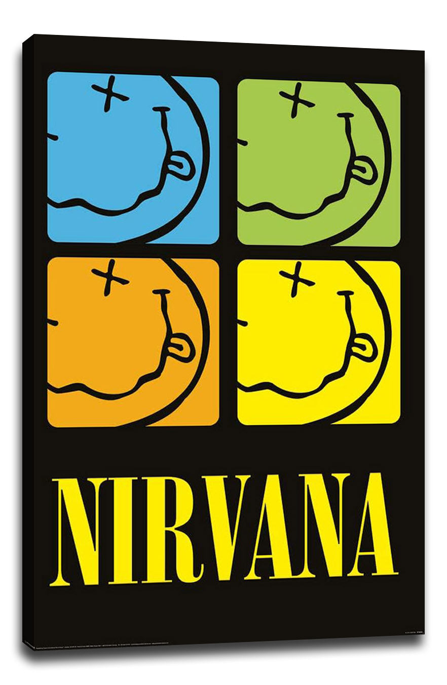 Nirvana canvas wall art print featuring a four-panel grid of colorful upside-down smileys and yellow logo text on black.