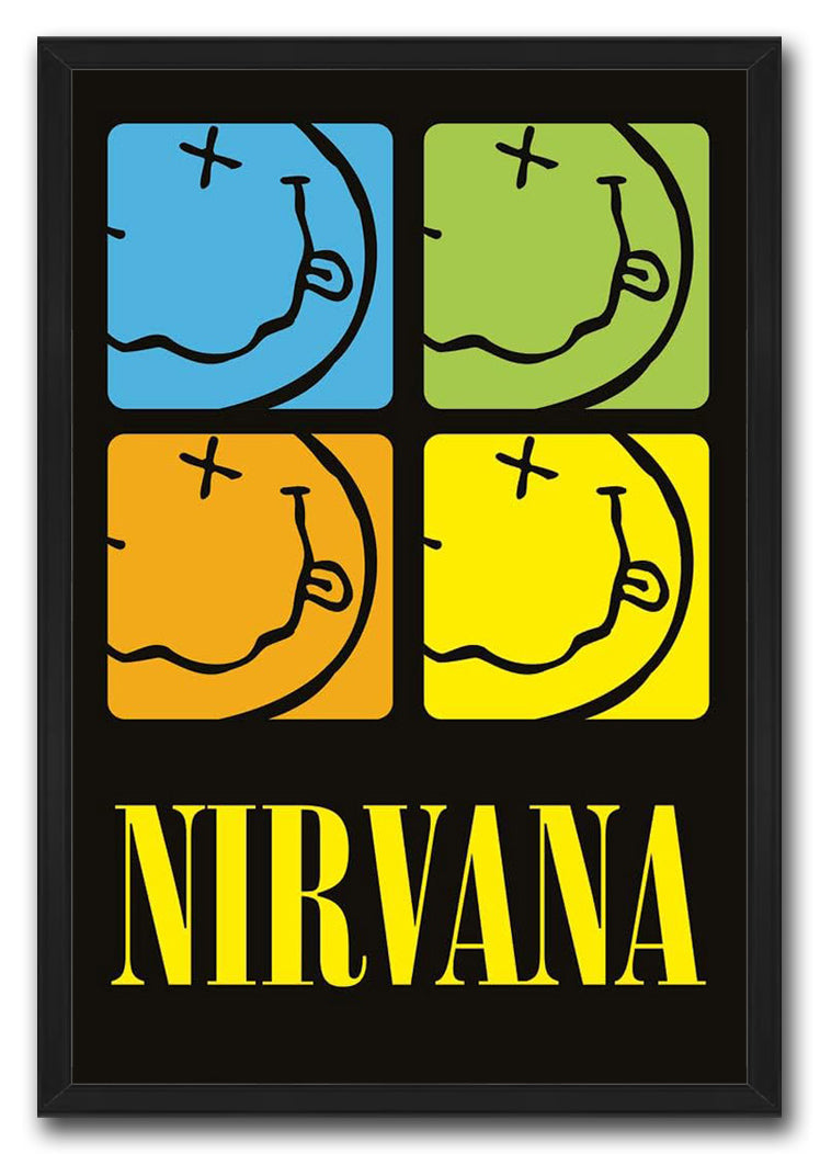 Nirvana framed wall art print with four colored upside-down smiley panels and large yellow lettering against a black background.