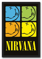 Nirvana framed wall art print with four colored upside-down smiley panels and large yellow lettering against a black background.