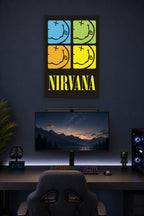 Nirvana-4 Colored Smileys - Logos Music in a gaming desk setup above a monitor.