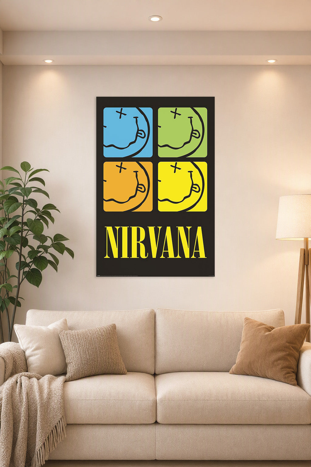 Nirvana-4 Colored Smileys - Logos Music in a bright living room above a beige sofa.
