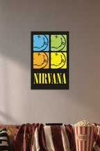 Nirvana-4 Colored Smileys - Logos Music in a cozy movie room above a brown sofa with popcorn.