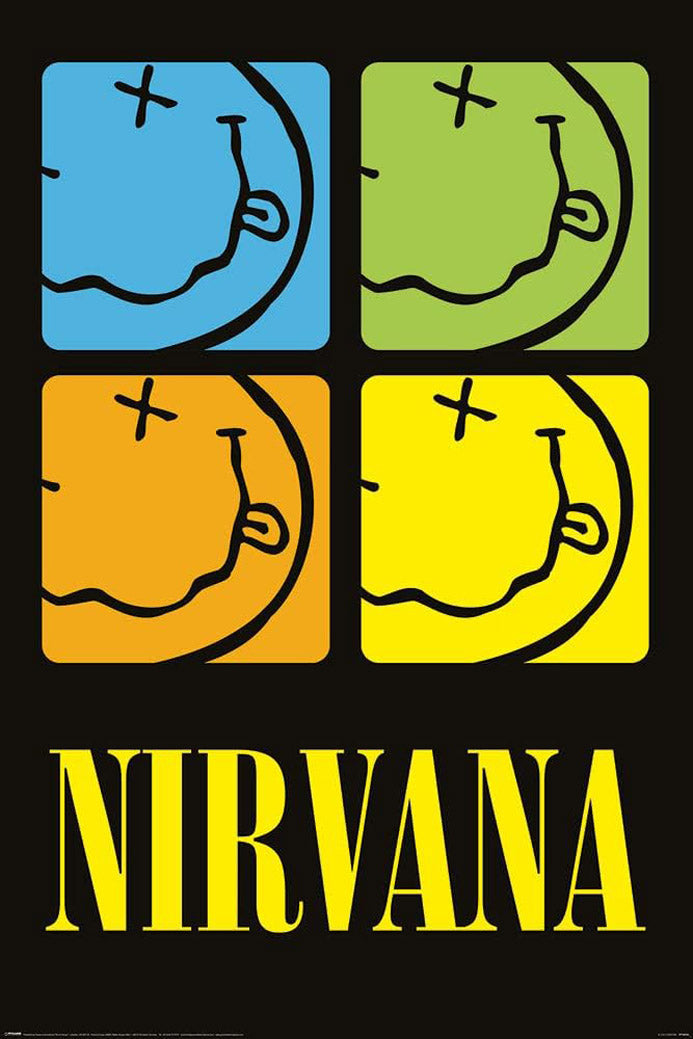 Nirvana poster with four upside-down smiley faces in blue, green, orange, and yellow above bold yellow band lettering.