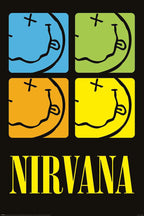 Nirvana poster with four upside-down smiley faces in blue, green, orange, and yellow above bold yellow band lettering.